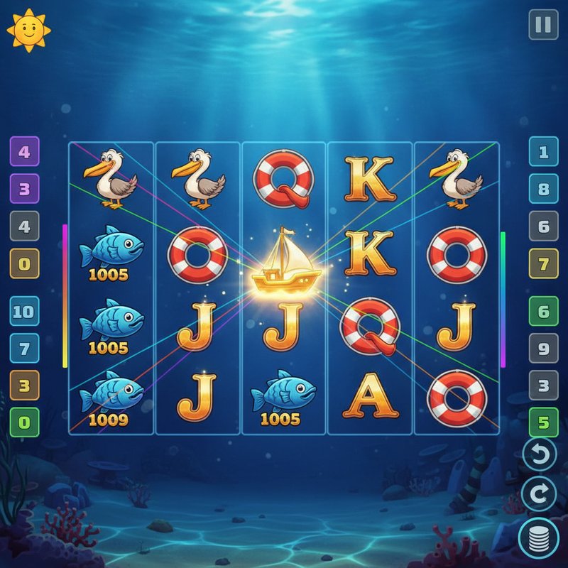 Fishin Frenzy gameplay showing coloured paylines and boat scatter symbol with golden glow