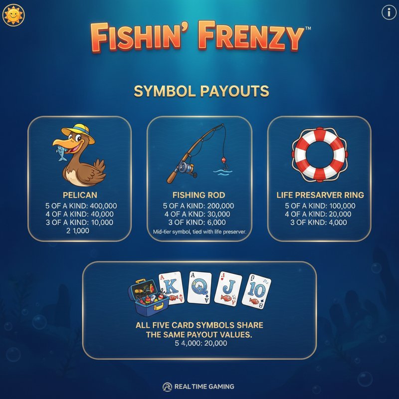 Fishin Frenzy paytable showing pelican, fishing rod, life preserver and tackle box symbol payouts